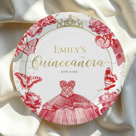 Plato De Papel Papel Quinceanera Placas Rojo Vestido Floral Oro