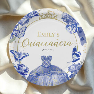 Plato De Papel Papel Quinceanera Placas Royal Blue Dress Floral