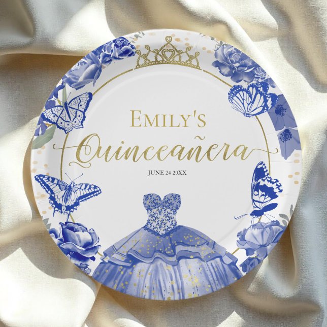 Plato De Papel Papel Quinceanera Placas Royal Blue Dress Floral (Subido por el creador)