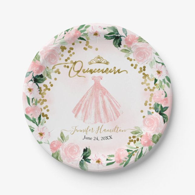 Plato De Papel Papel Quinceanera Placas Rubor Vestido rosa Floral (Anverso)