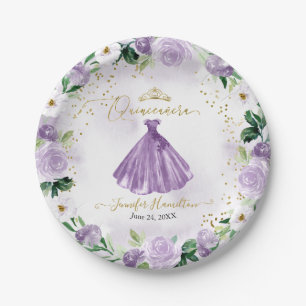 Plato De Papel Papel Quinceanera Placas Vestido Floral Púrpura