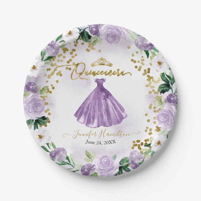 Plato De Papel Papel Quinceanera Placas Vestido Floral Púrpura (Anverso)