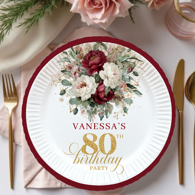 Plato De Papel Papel Sofisticado de Floral de Borgoña para 80 Cum (Sophisticated Burgundy Floral 80th Birthday Paper Plates)