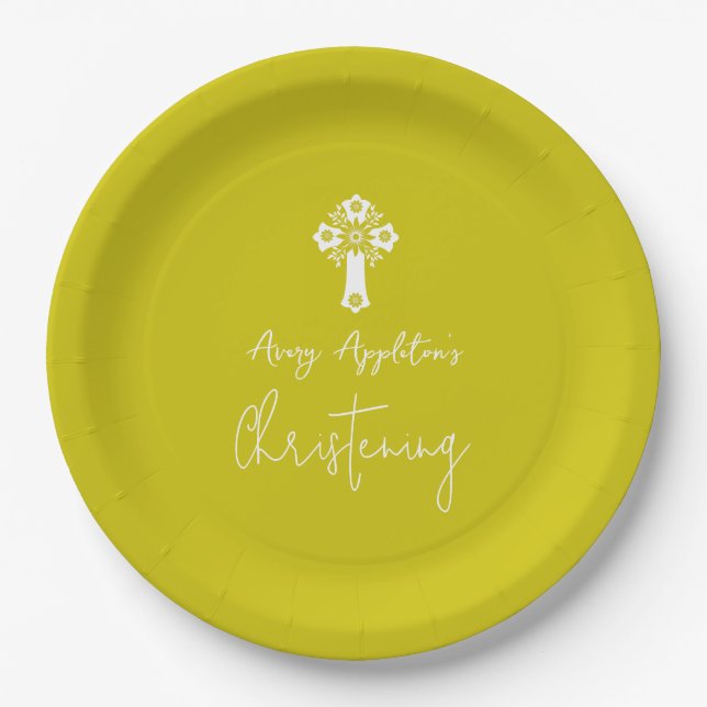 Plato De Papel Paper Plate Floral Cross Christening Yellow (Anverso)