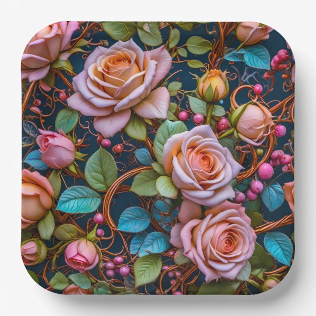 Plato De Papel Paper Plate- Pink Vintage Roses (Anverso)