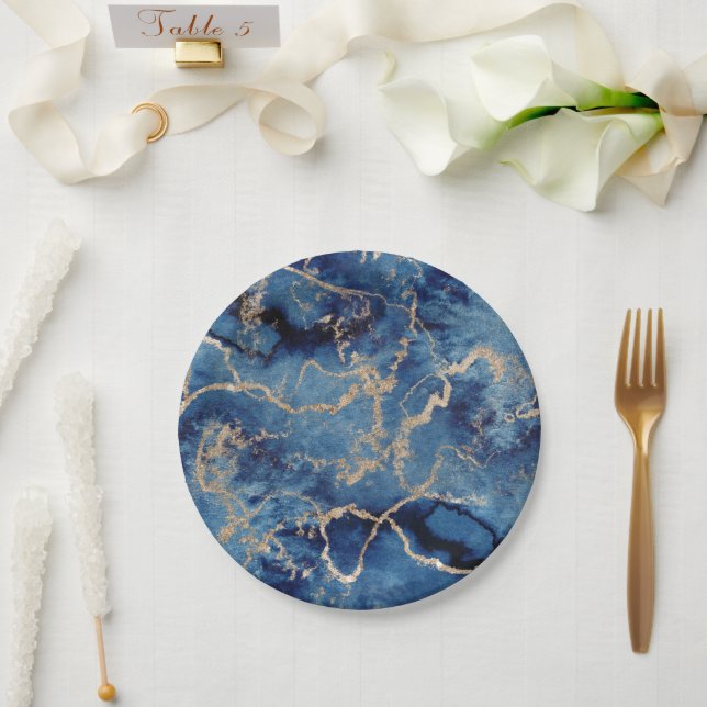 Plato De Papel Paper Plates 17,8 cm - Blue & Gold Pattern (Boda)