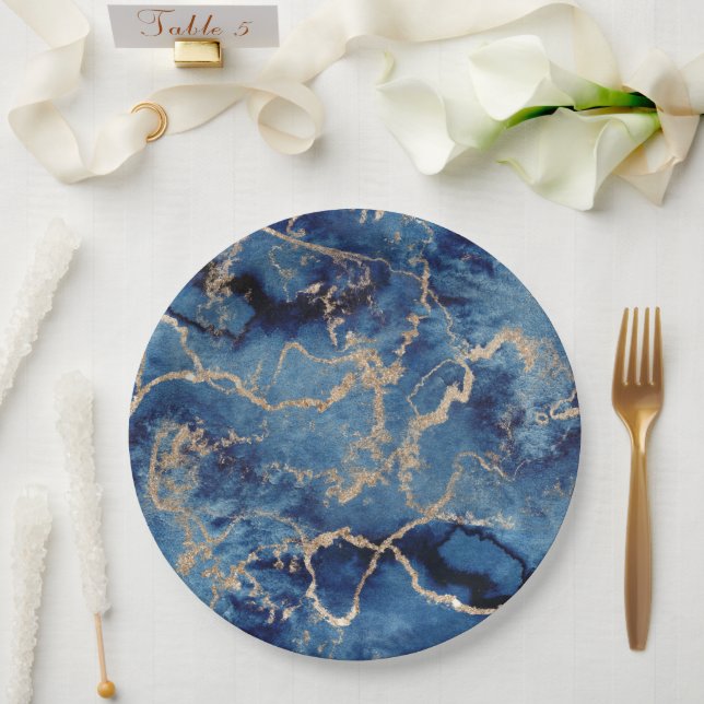 Plato De Papel Paper Plates 22,9 cm - Blue & Gold Pattern (Boda)