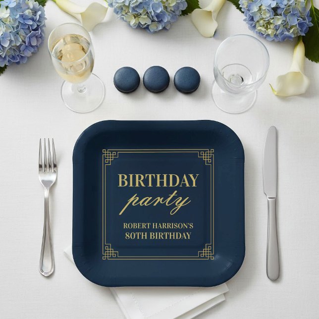 Plato De Papel Paper Plates Birthday Party Navy & Gold 80th (SEE FULL SUITE AT BOTTOM)