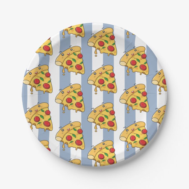 Plato De Papel Paper Plates, Blue & White Stripe Pizza Cheese (Anverso)