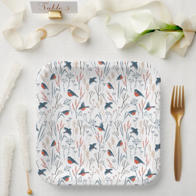 Plato De Papel Paper Plates - Christmas Winter Bird Pattern (Boda)