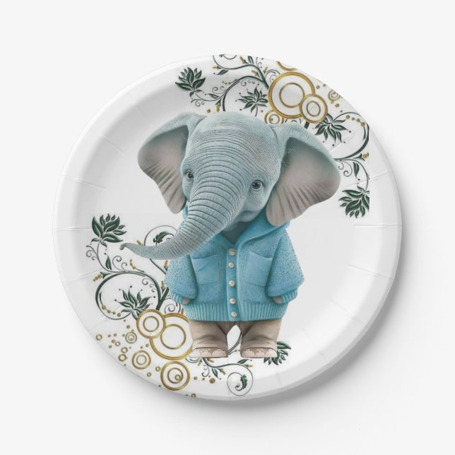 Plato De Papel Paper Plates, Floral Blue Elephant  (Anverso)