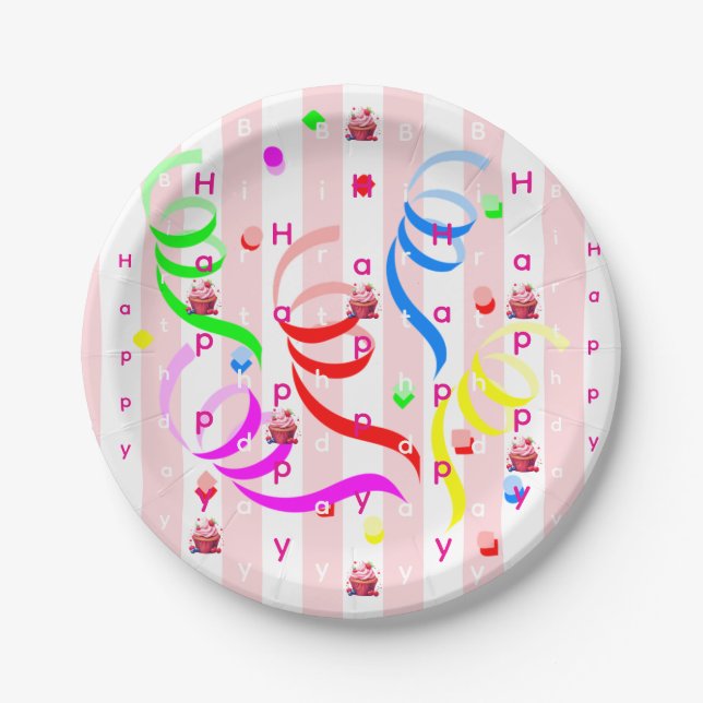 Plato De Papel Paper Plates, Pink & White Stripe Birthday (Anverso)