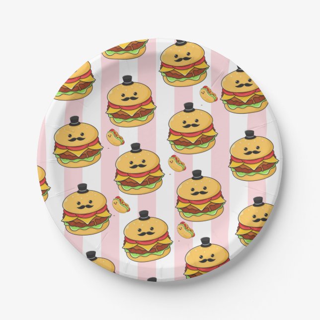 Plato De Papel Paper Plates, Pink & White Stripe Hotdog Hamburger (Anverso)
