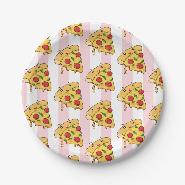 Plato De Papel Paper Plates, Pink & White Stripe Pizza Cheese (Anverso)