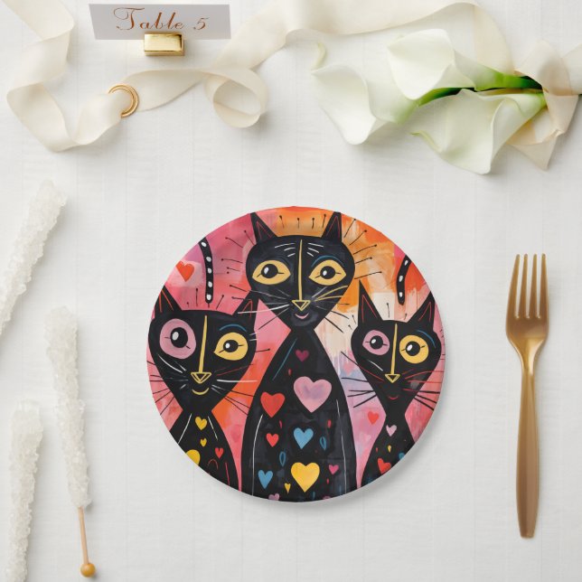Plato De Papel Paper plates Valentine's Day Cat Red Hearts  (Boda)