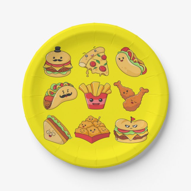 Plato De Papel Paper Plates, Yellow Tacos Fries Hotdogs Hamburger (Anverso)