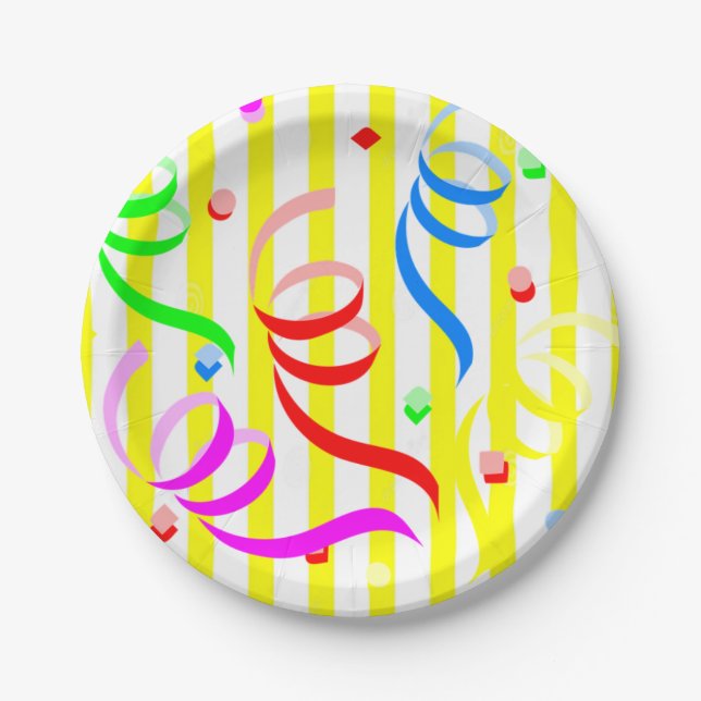Plato De Papel Paper Plates, Yellow & White Stripe Confetti (Anverso)