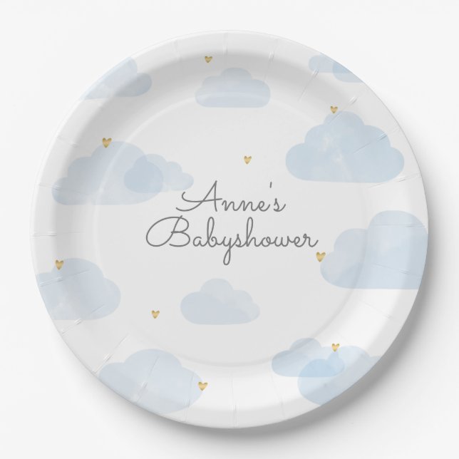 Plato De Papel Papieren bordje babyshower lichtblauwe wolken (Anverso)
