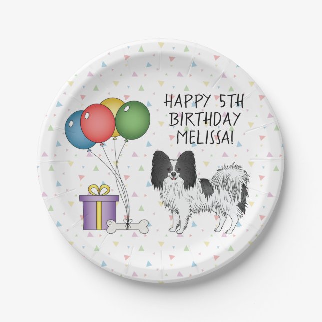 Plato De Papel Papillon Blanco Y Negro Perro Lindo - Cumpleaños (Anverso)