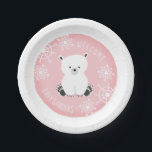 Plato De Papel Paquete de la alegría del invierno rosado de Snowf<br><div class="desc">Placas de papel de ducha para bebés con el ilustracion de un oso polar bebé y copos de nieve sobre un fondo rosado. Personalice el nombre.</div>