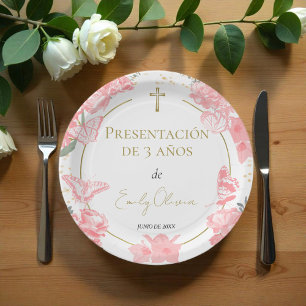 Plato De Papel Paquetes de papel de 3 años Butterflys Pink