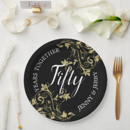 Plato de papel para aniversario negro con flores d