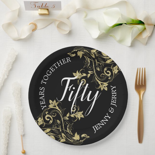 Plato de papel para aniversario negro con flores d (Boda)