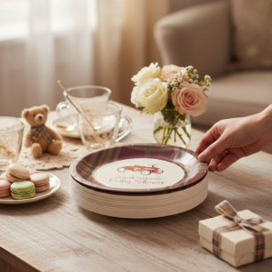 Plato de papel para baby shower a cuadros con coch