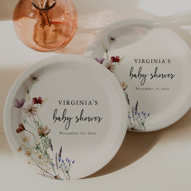 Plato de papel para baby shower boho (Boho Floral Baby Shower Paper Plate by Painted Paperie)