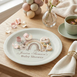 Plato de papel para baby shower con arcoíris y flo