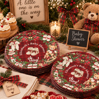 Plato de papel para baby shower con cuadros rojos
