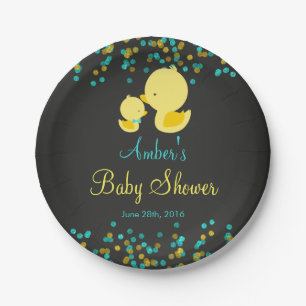 Plato de papel para baby shower con pato de goma e