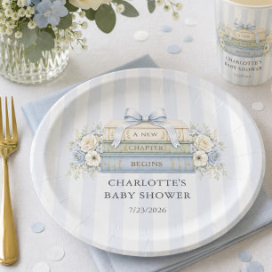Plato de papel para baby shower con raya azul