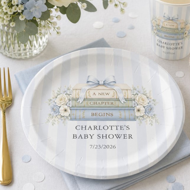 Plato de papel para baby shower con raya azul (Subido por el creador)