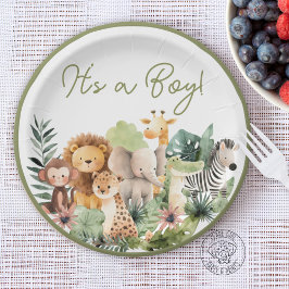 Plato de papel para baby shower de animales salvaj