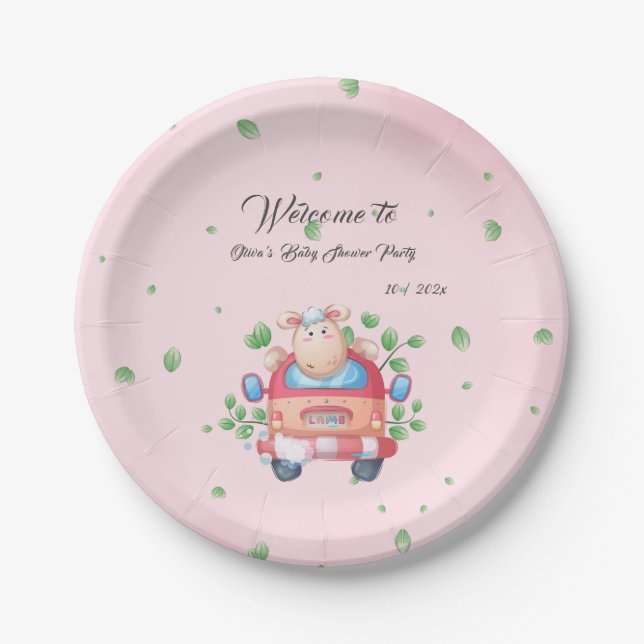 Plato de papel para baby shower de corderito bebé  (Anverso)