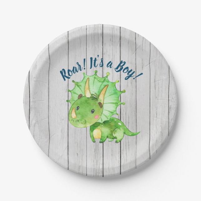 Plato de papel para baby shower de dinosaurio (Anverso)