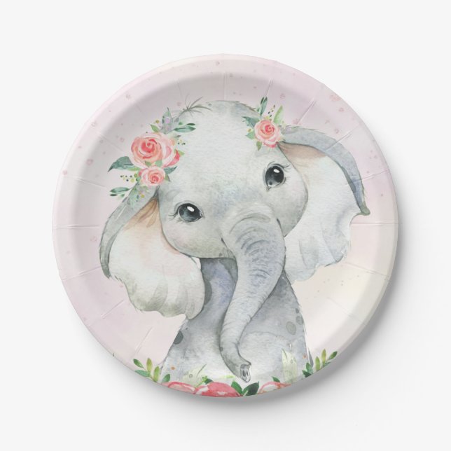 Plato de papel para baby shower de elefante bebé n (Anverso)