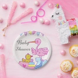 Plato de papel para baby shower de niña cigüeña ro
