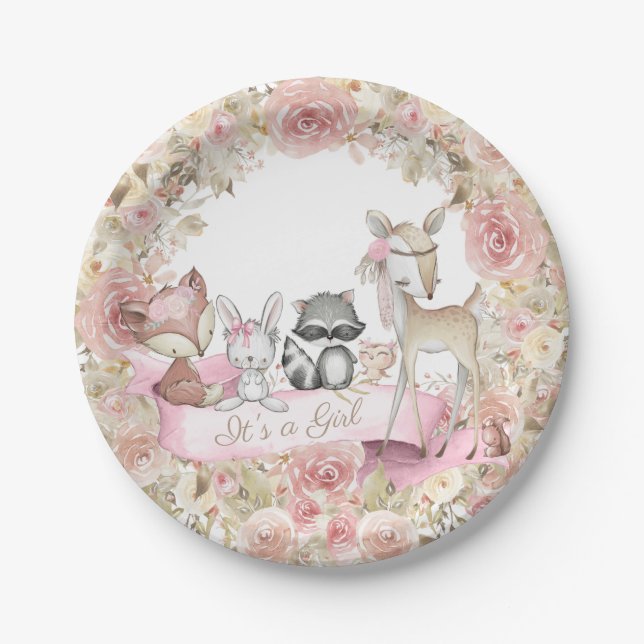 Plato de papel para baby shower de niña con animal (Anverso)