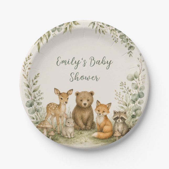 Plato de papel para baby shower en el bosque (Anverso)