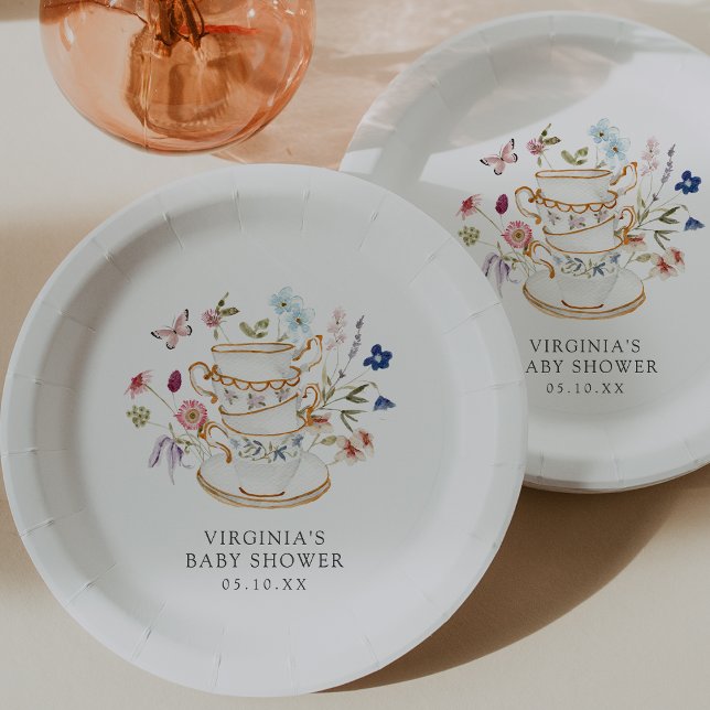 Plato de Papel para Baby Shower Floral (Floral Decor Tea Party Baby Shower Paper Plate with Butterfly by Painted Paperie
)