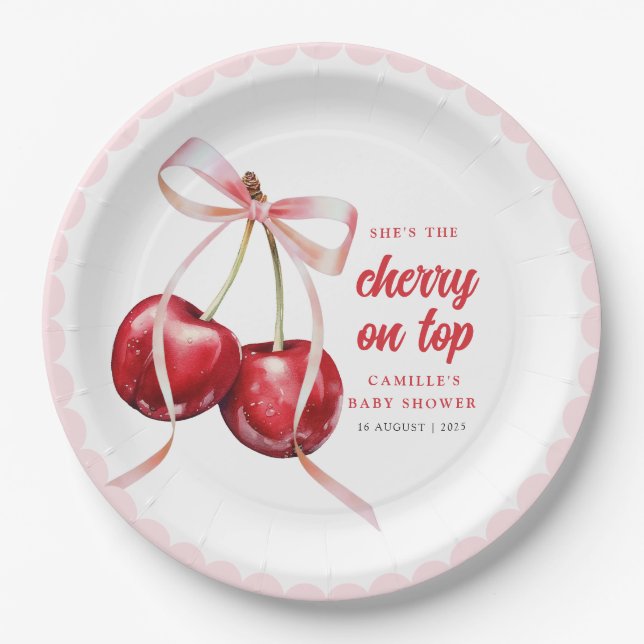 Plato de papel para baby shower Pink Bow Cherry Ba (Anverso)