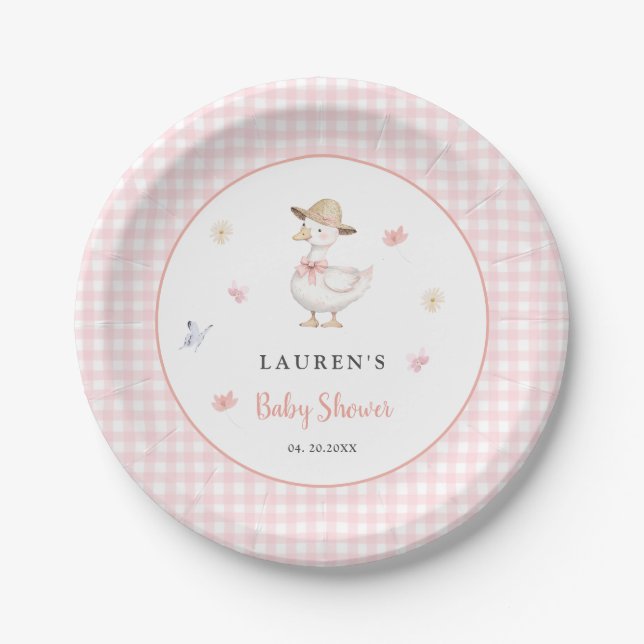 Plato de papel para baby shower Silly Goose rosa (Anverso)