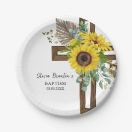 Plato de papel para bautizo boho de girasol y euca