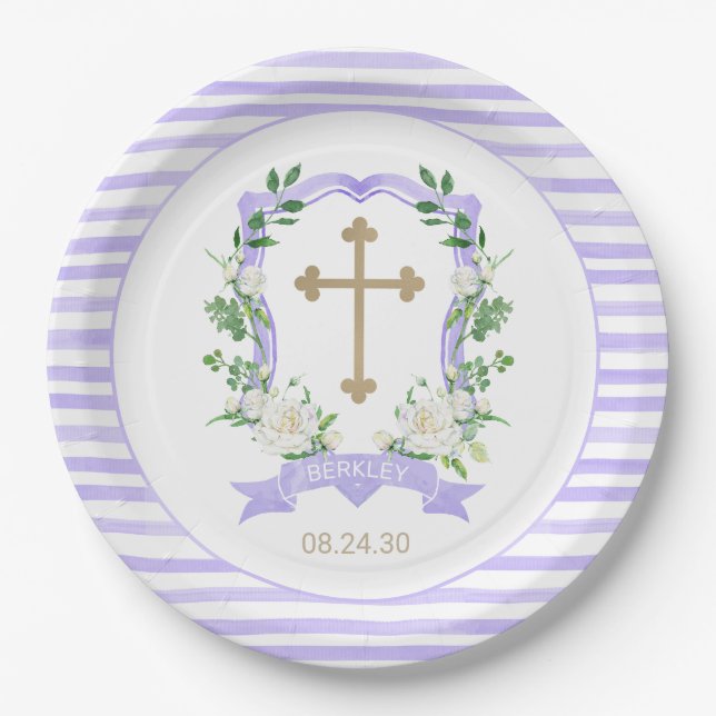 Plato de papel para bautizo con cresta floral púrp (Anverso)