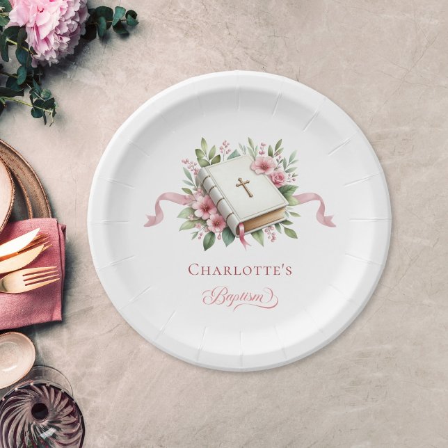 Plato de papel para bautizo de flor rosa moderna (Subido por el creador)