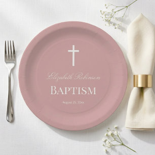Plato de papel para bautizo elegante rosa polvorie