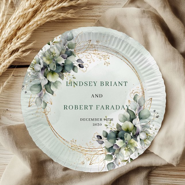 Plato de papel para boda con follaje verde polvori (usty Green Foliage Watercolor Wedding Paper Plates)