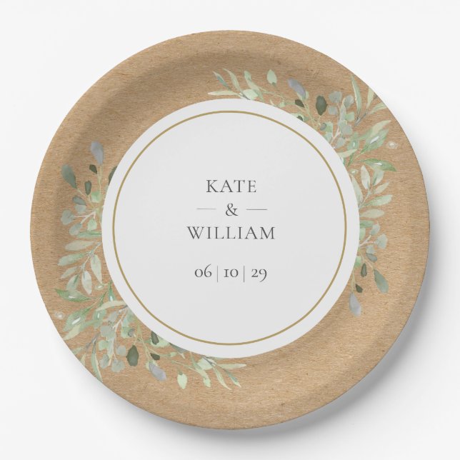 Plato de papel para boda con follaje verde rústico (Anverso)